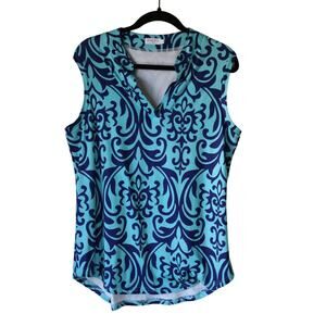 Women's Halfie Blue V Neck Sleeveless Blouse Tank Paisley Large